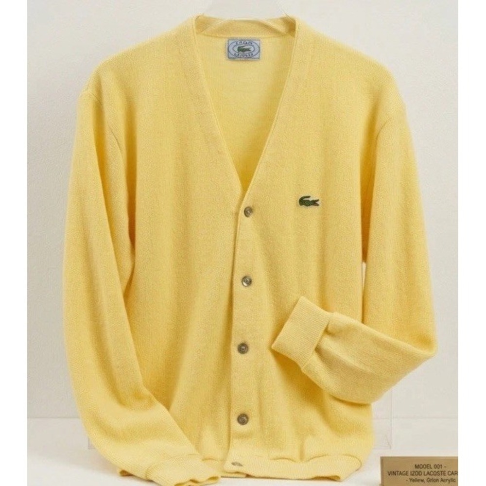 Vtg Izod Lacoste Butter Yellow V Neck Cardigan Sweater Grandpacore Preppy 70's